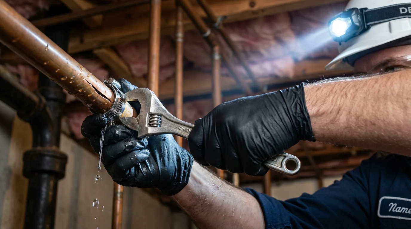 Emergency pipe clamp repair being performed by a Johns Plumbing LLC plumber in Pensacola