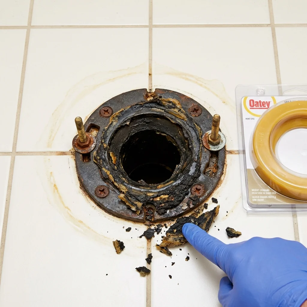 Failed wax ring showing water seepage at the base of a toilet in a Pensacola, FL home
